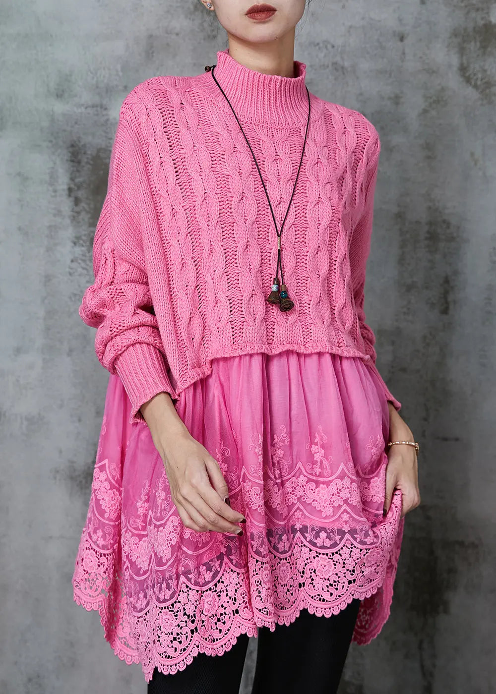 Pink Patchwork Knit Sweater - Oversized Long Spring JK1068