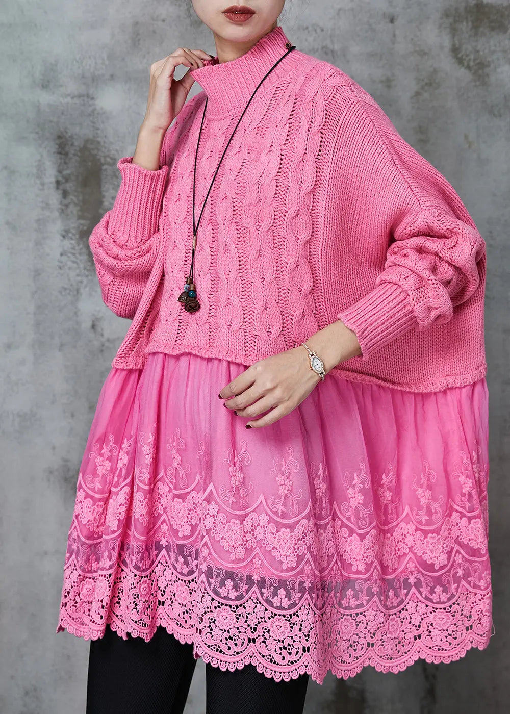 Pink Patchwork Knit Sweater - Oversized Long Spring JK1068