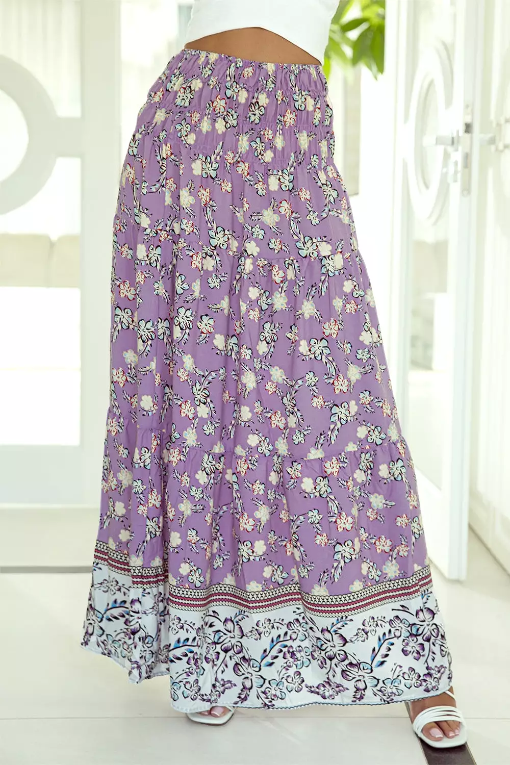 Printed Elastic Waist Skirt with Tiered Design