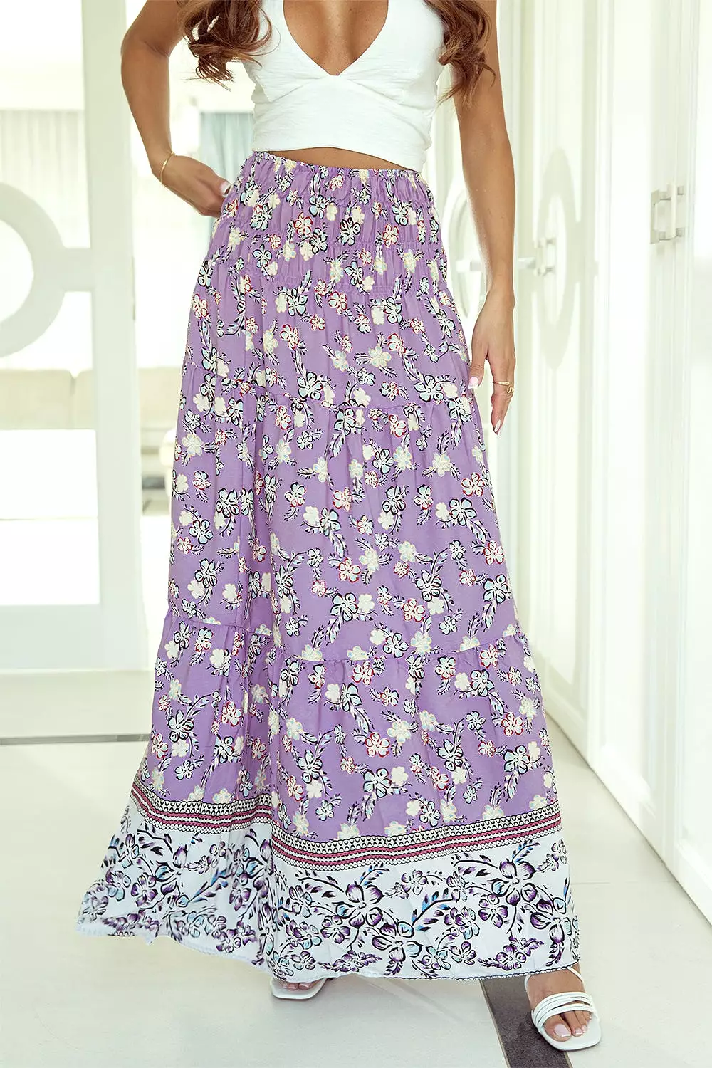 Printed Elastic Waist Skirt with Tiered Design