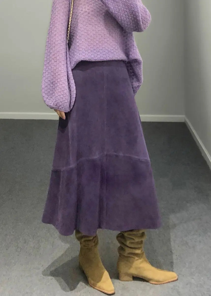 Purple High Waist Patchwork Sheepskin Skirts for Spring - HA1039