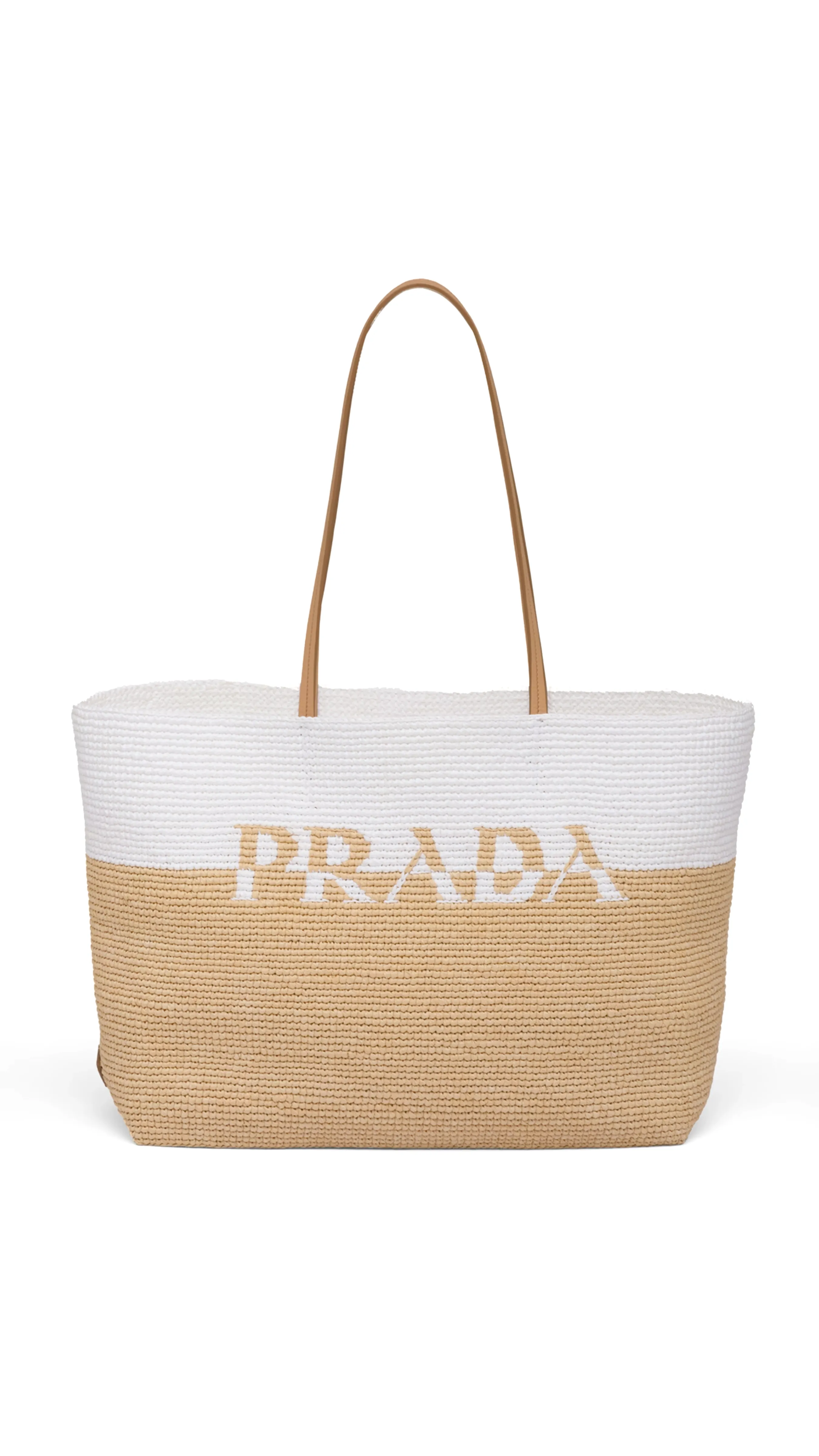 Raffia and Leather Tote Bag - Tan/White