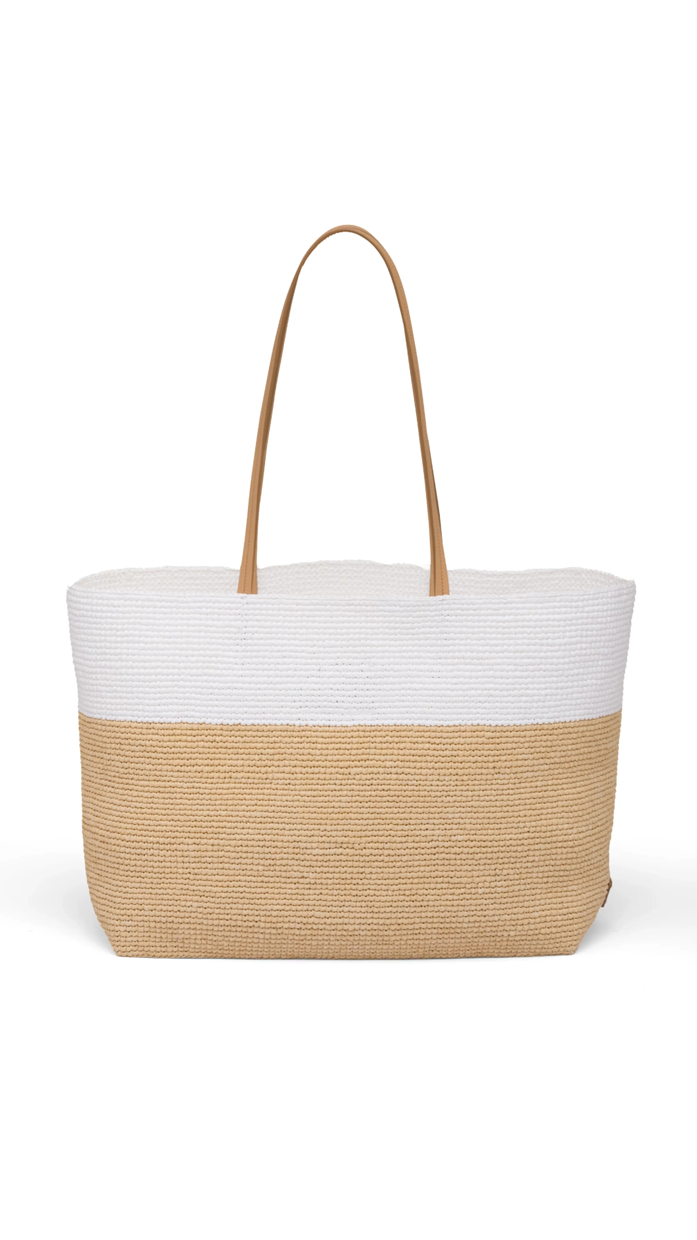 Raffia and Leather Tote Bag - Tan/White