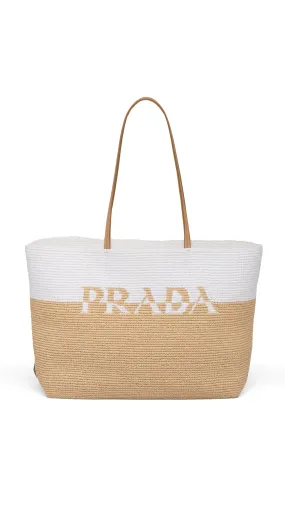 Raffia and Leather Tote Bag - Tan/White