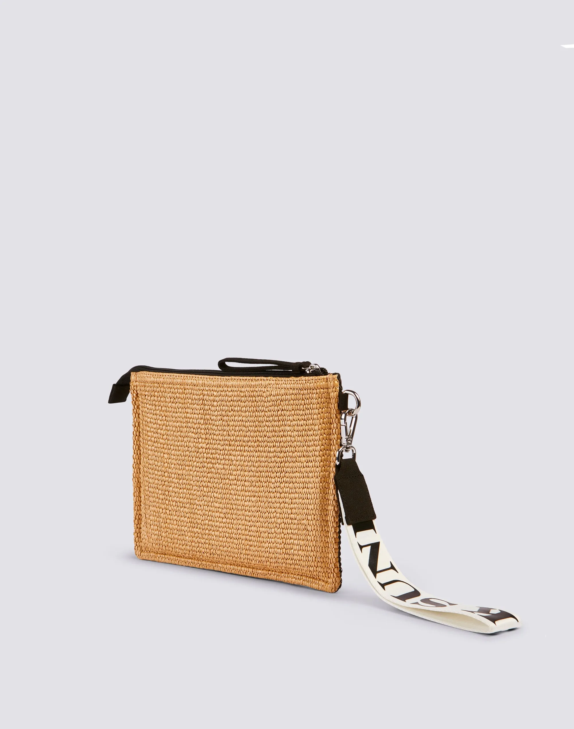 Raffia clutch with embroidered logo