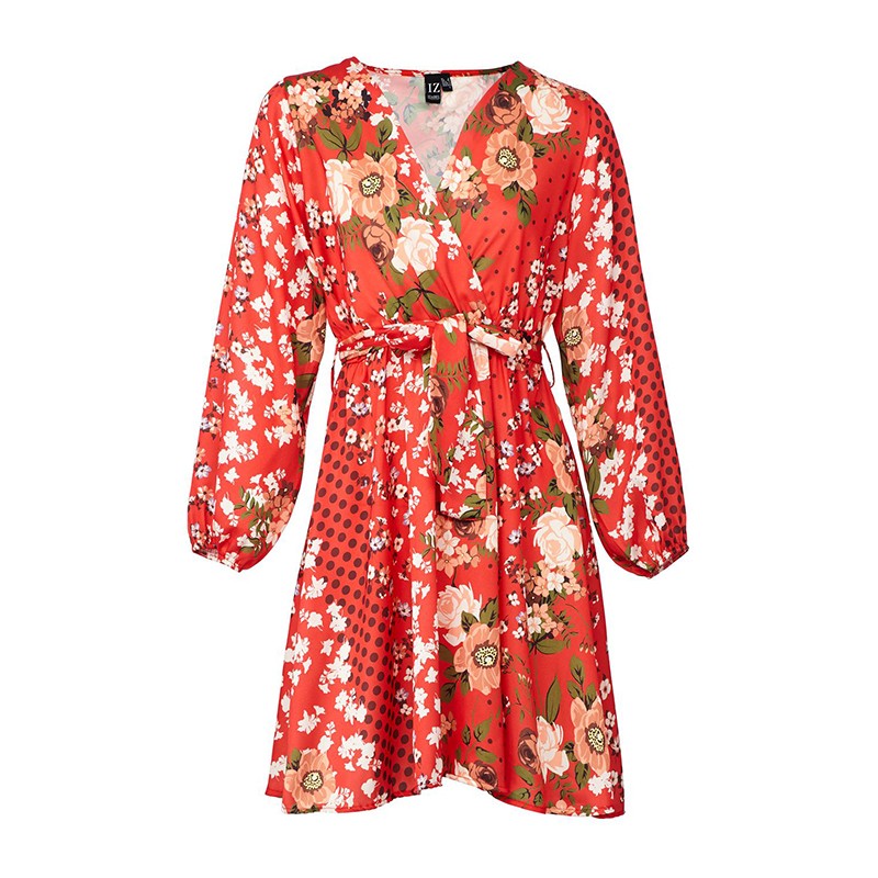 Red Floral Long Sleeve Wrap Top