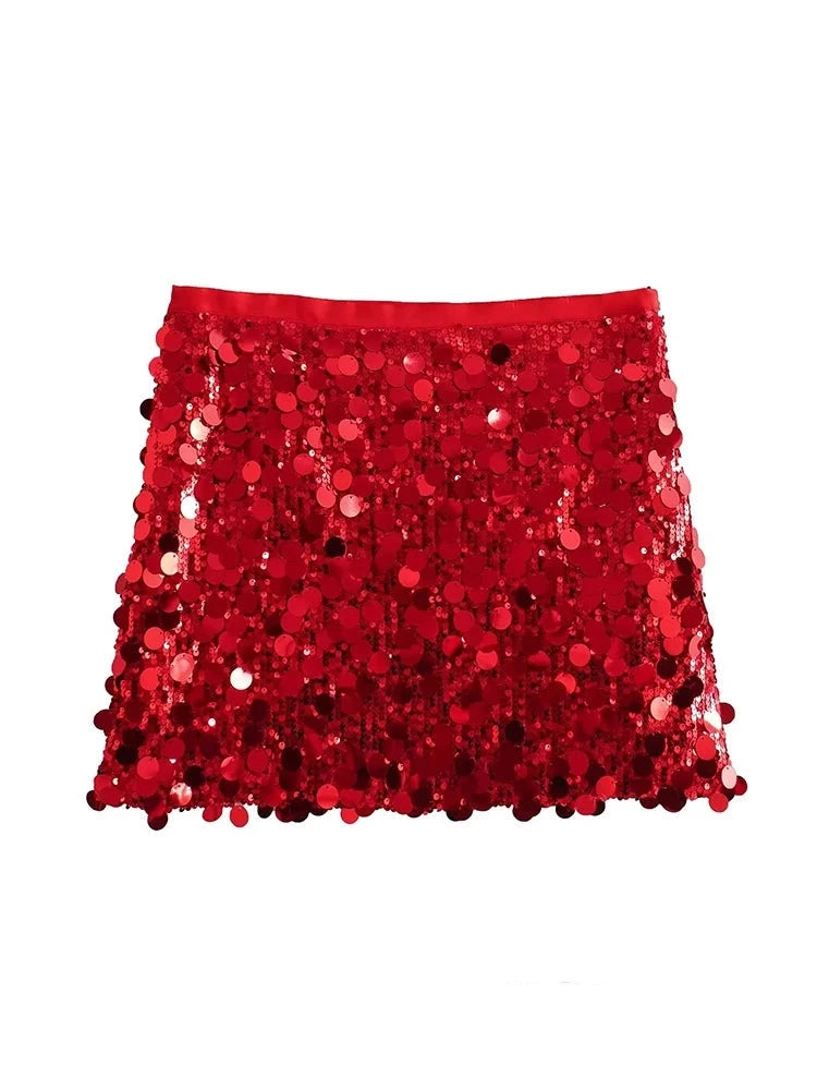 Red Sequined Mini Party Skirts Fashion 2024, Sheath Elegant Evening Club Skirts Y2K Girl, Shiny Skirts