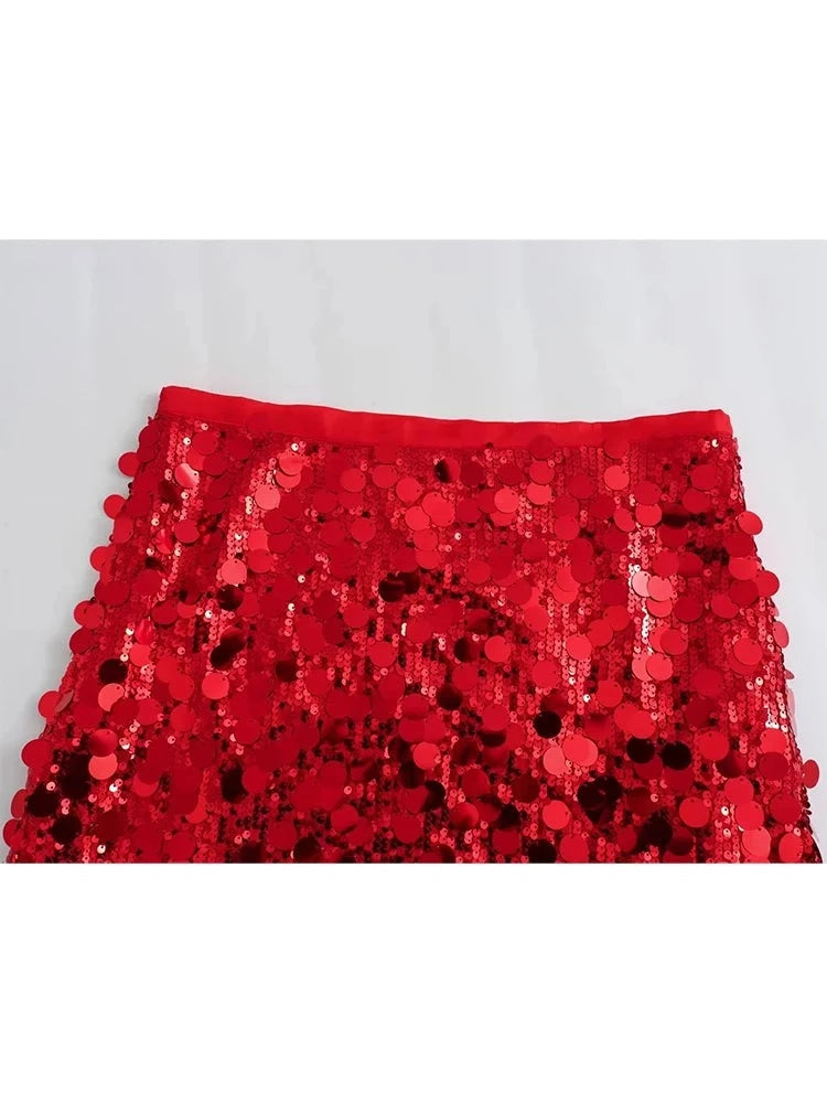 Red Sequined Mini Party Skirts Fashion 2024, Sheath Elegant Evening Club Skirts Y2K Girl, Shiny Skirts