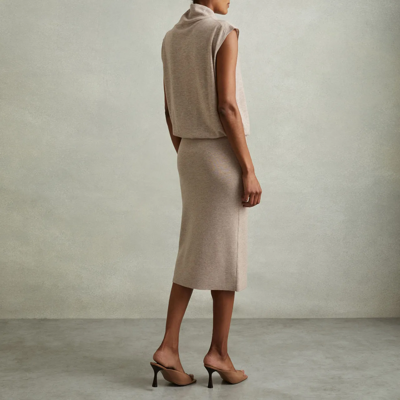 Beige REISS Hester Blouson Knitted Dress