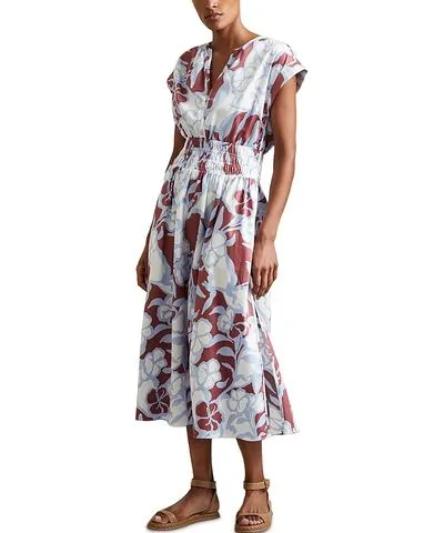 Reiss Lena Midi Print Dress Ruched Waist