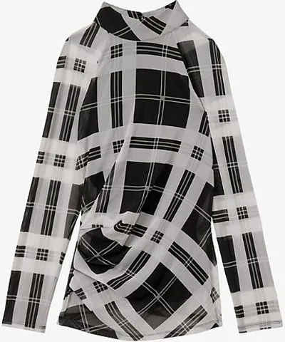 Reiss Women's Black and White Danna Check Ruched Mesh Top