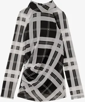 Reiss Women's Black and White Danna Check Ruched Mesh Top