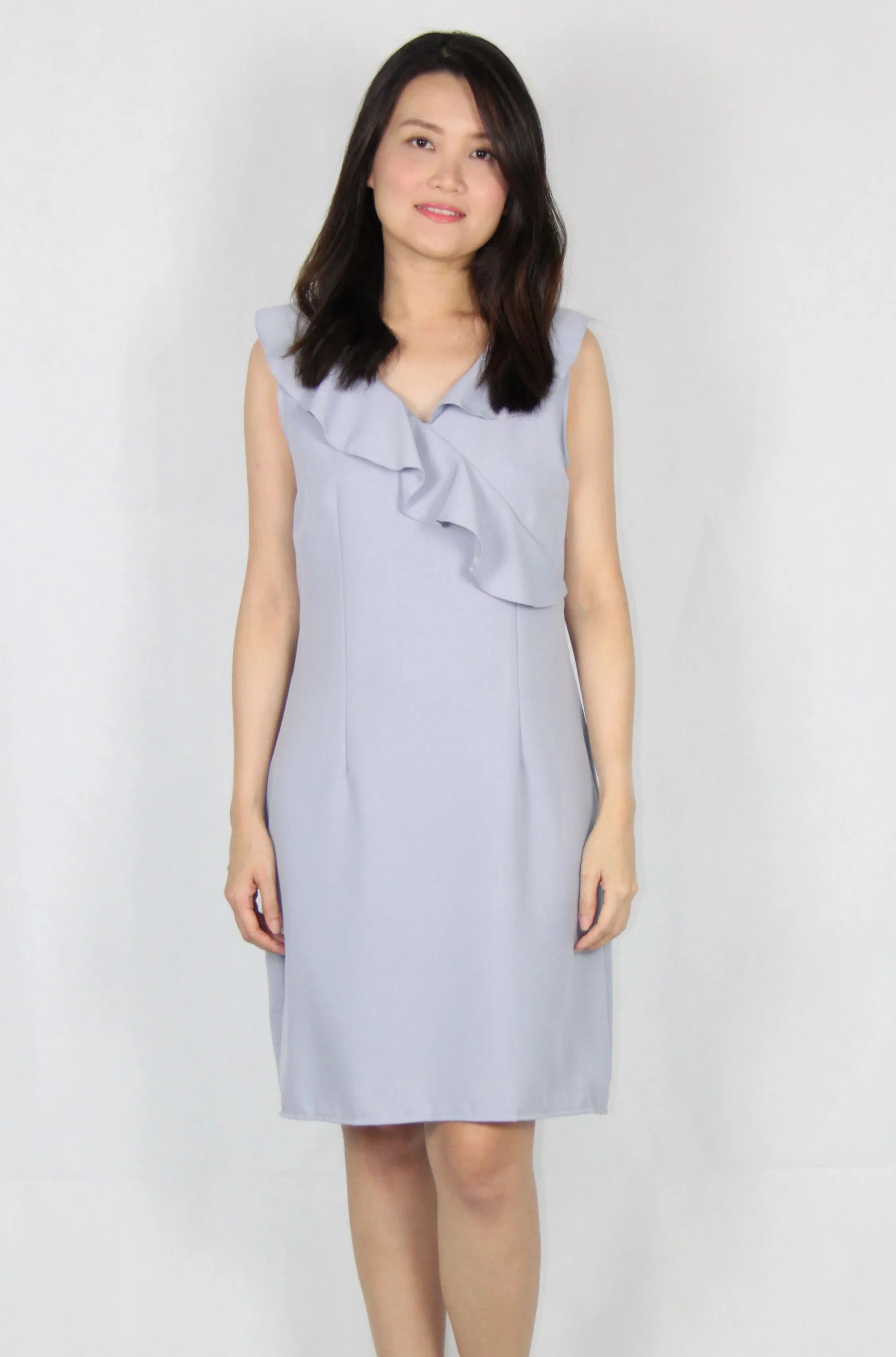 Ruffles Collar Sleeveless V Neck Shift Dress, Light Blue