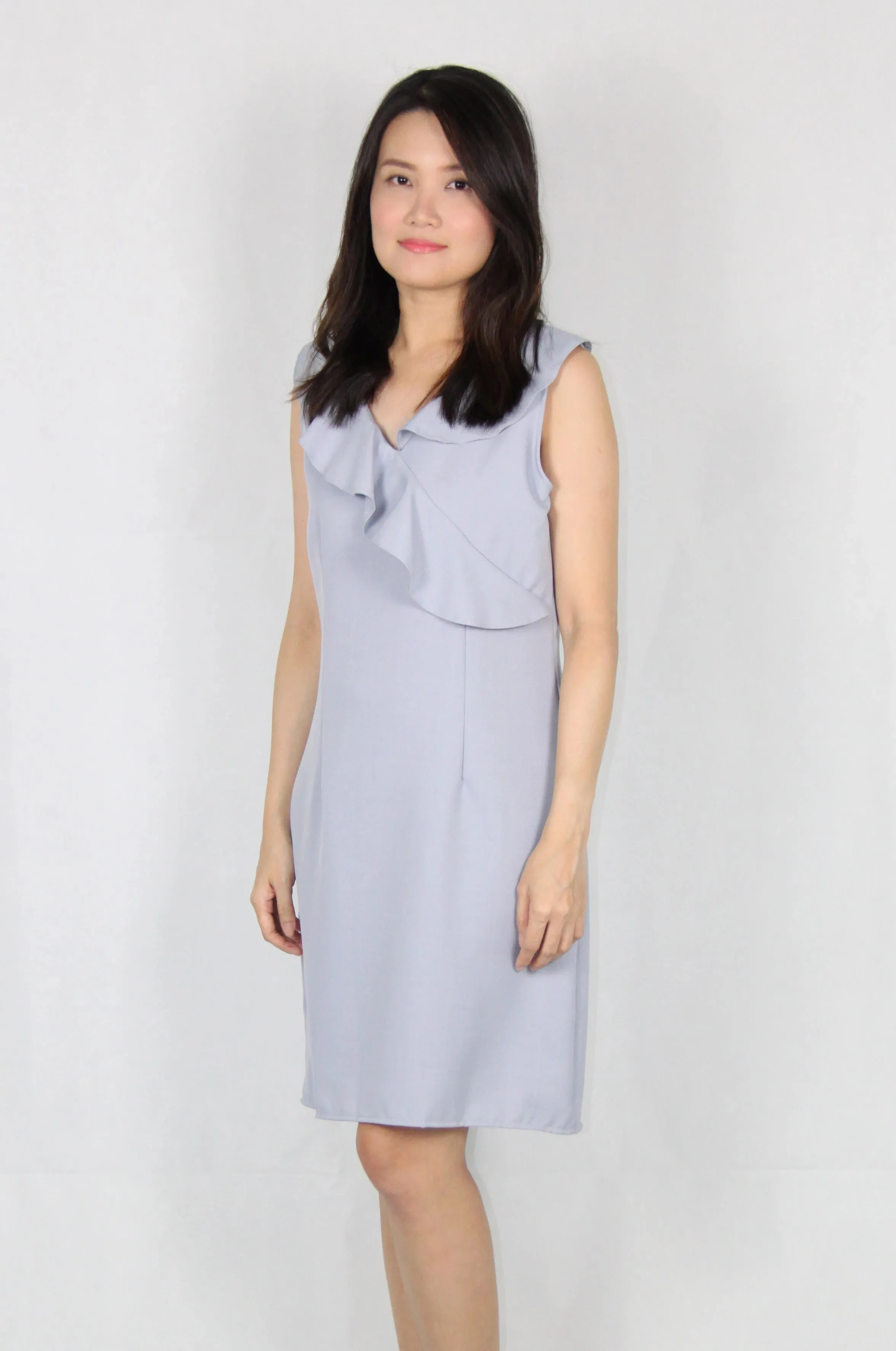 Ruffles Collar Sleeveless V Neck Shift Dress, Light Blue