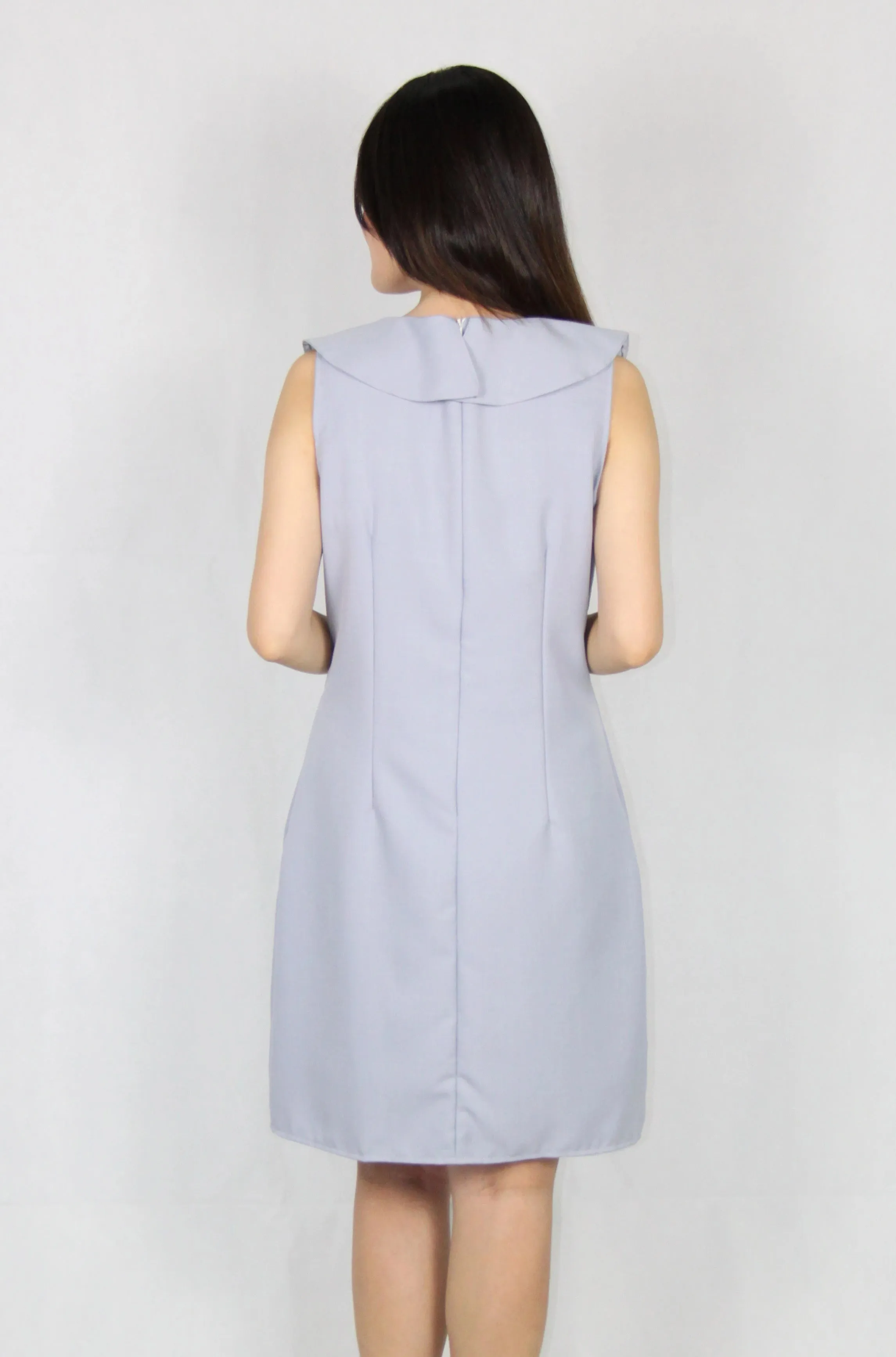 Ruffles Collar Sleeveless V Neck Shift Dress, Light Blue