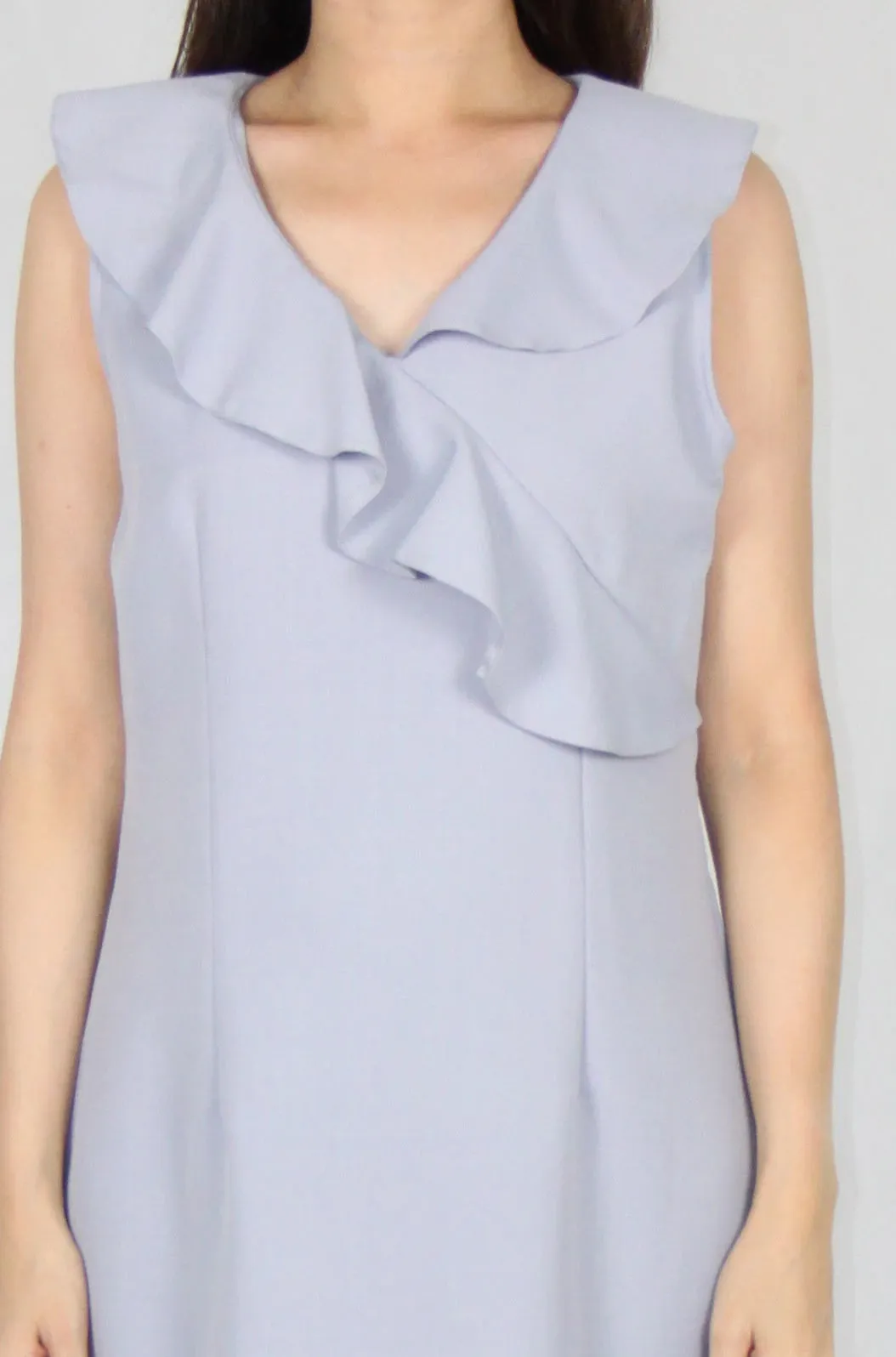 Ruffles Collar Sleeveless V Neck Shift Dress, Light Blue