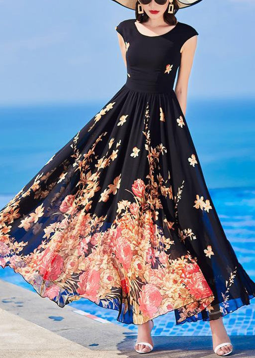 Slim Fit Black Chiffon Print Long Dresses Summer AS1059