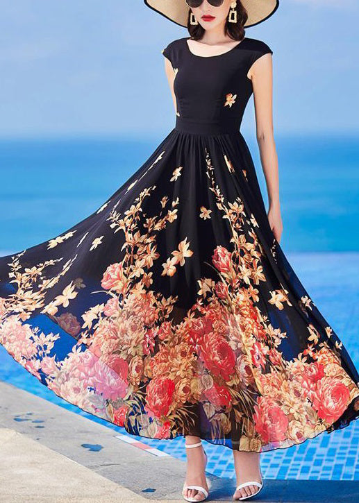 Slim Fit Black Chiffon Print Long Dresses Summer AS1059