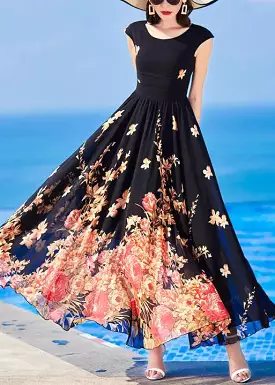 Slim Fit Black Chiffon Print Long Dresses Summer AS1059