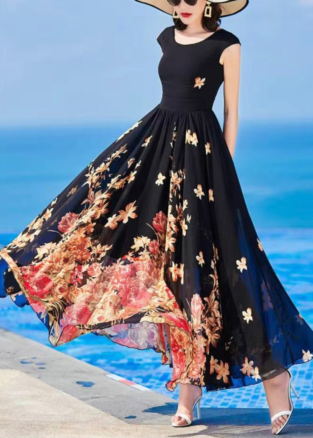 Slim Fit Black Chiffon Print Long Dresses Summer AS1059