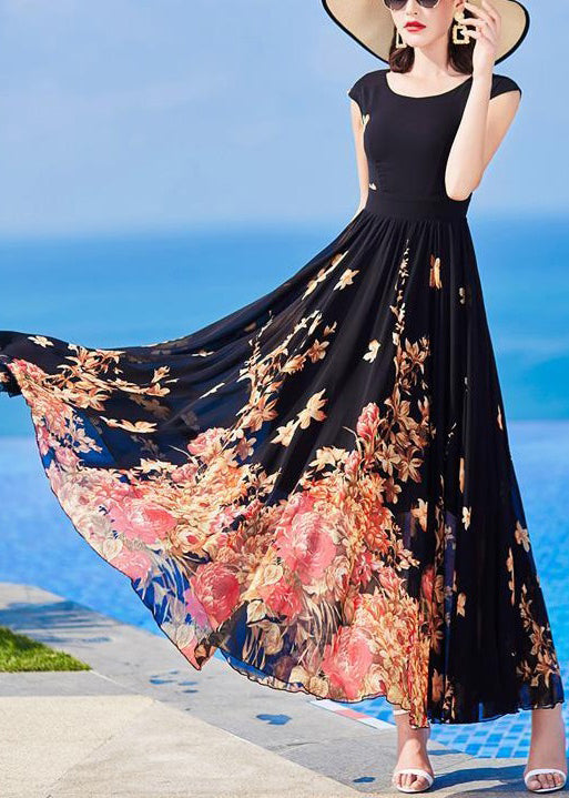 Slim Fit Black Chiffon Print Long Dresses Summer AS1059