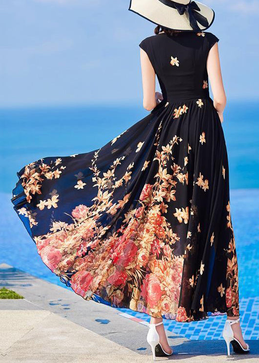 Slim Fit Black Chiffon Print Long Dresses Summer AS1059