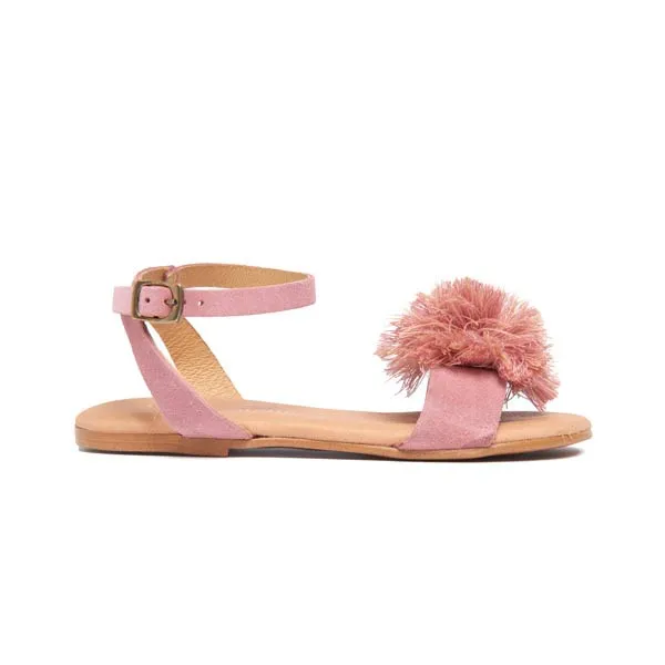 Suede Pom-Pom Fringe Sandals in Rosewood