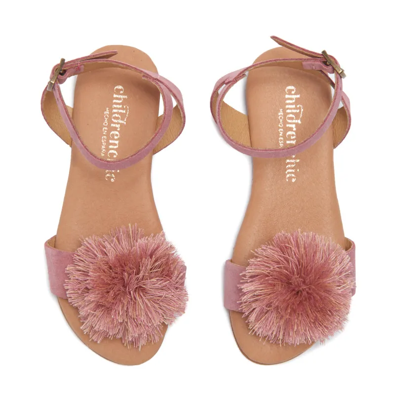 Suede Pom-Pom Fringe Sandals in Rosewood