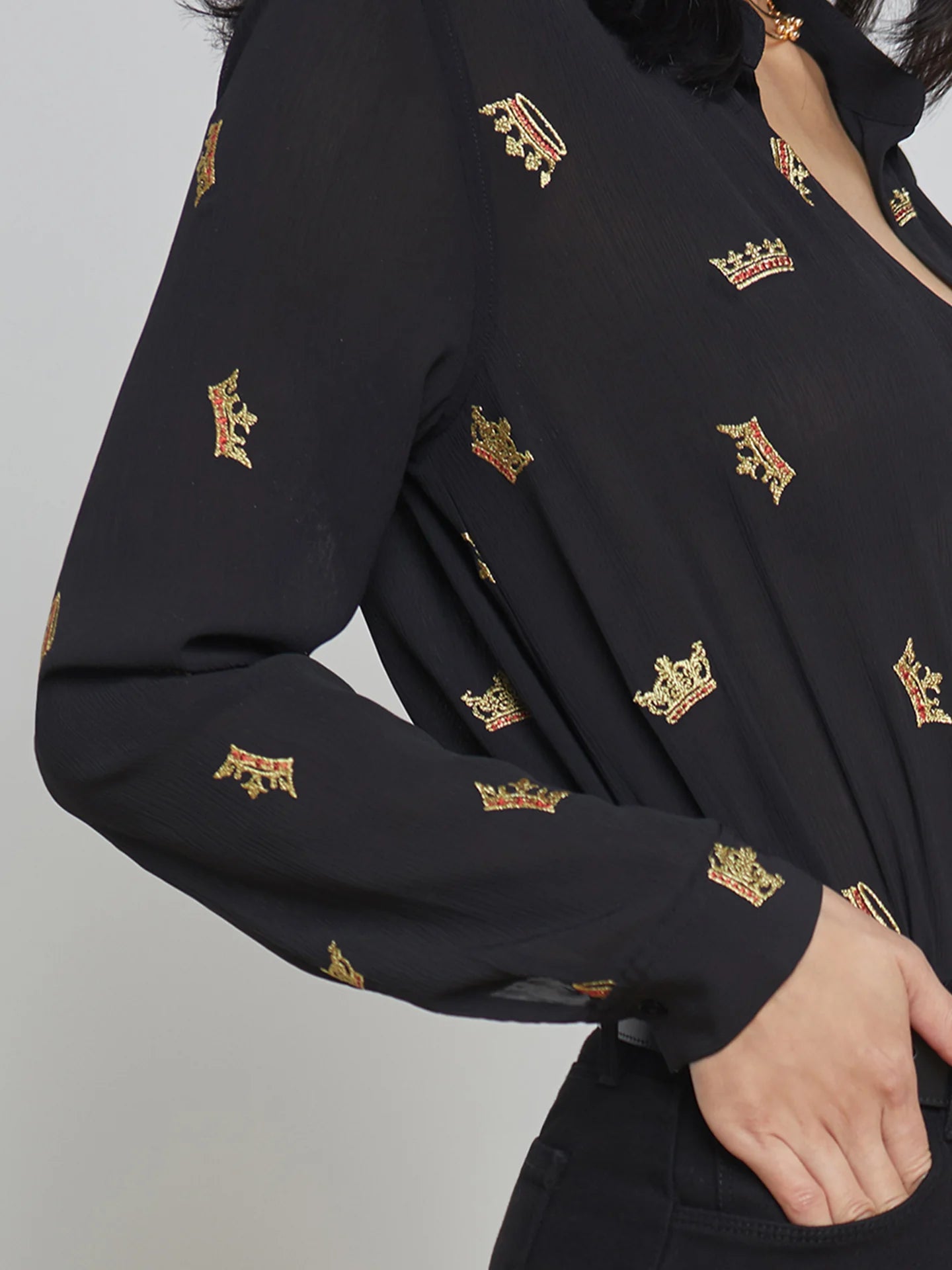 The Agency - Laurent Long Sleeve Shirt - Black with Gold Crown Embroidery