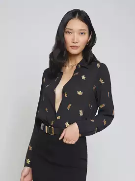 The Agency - Laurent Long Sleeve Shirt - Black with Gold Crown Embroidery