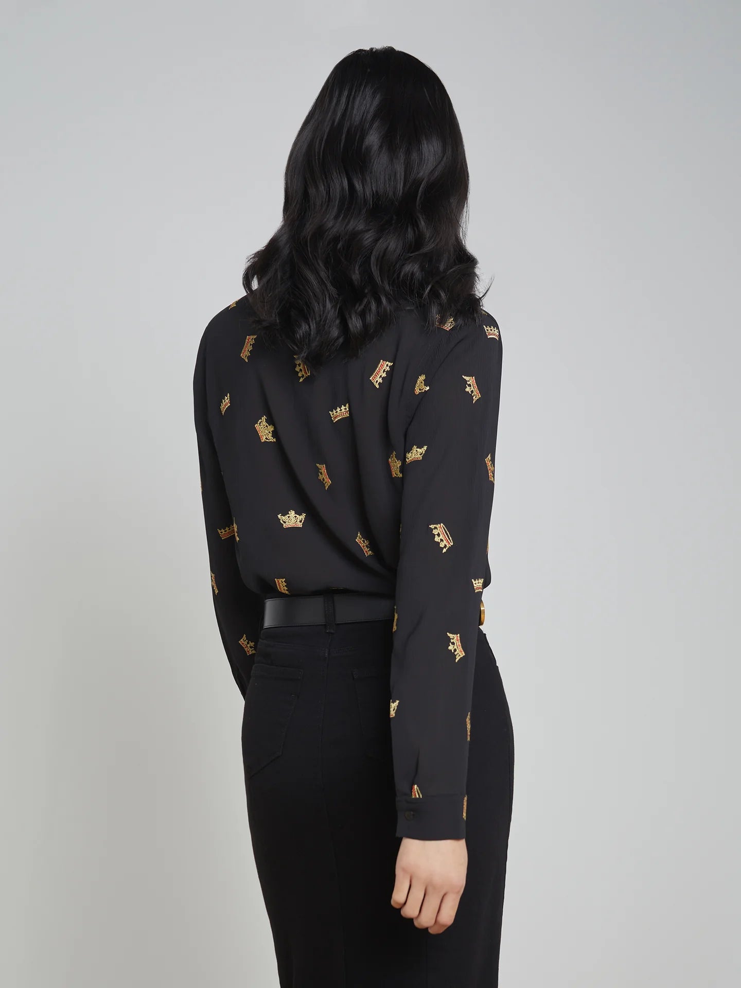 The Agency - Laurent Long Sleeve Shirt - Black with Gold Crown Embroidery