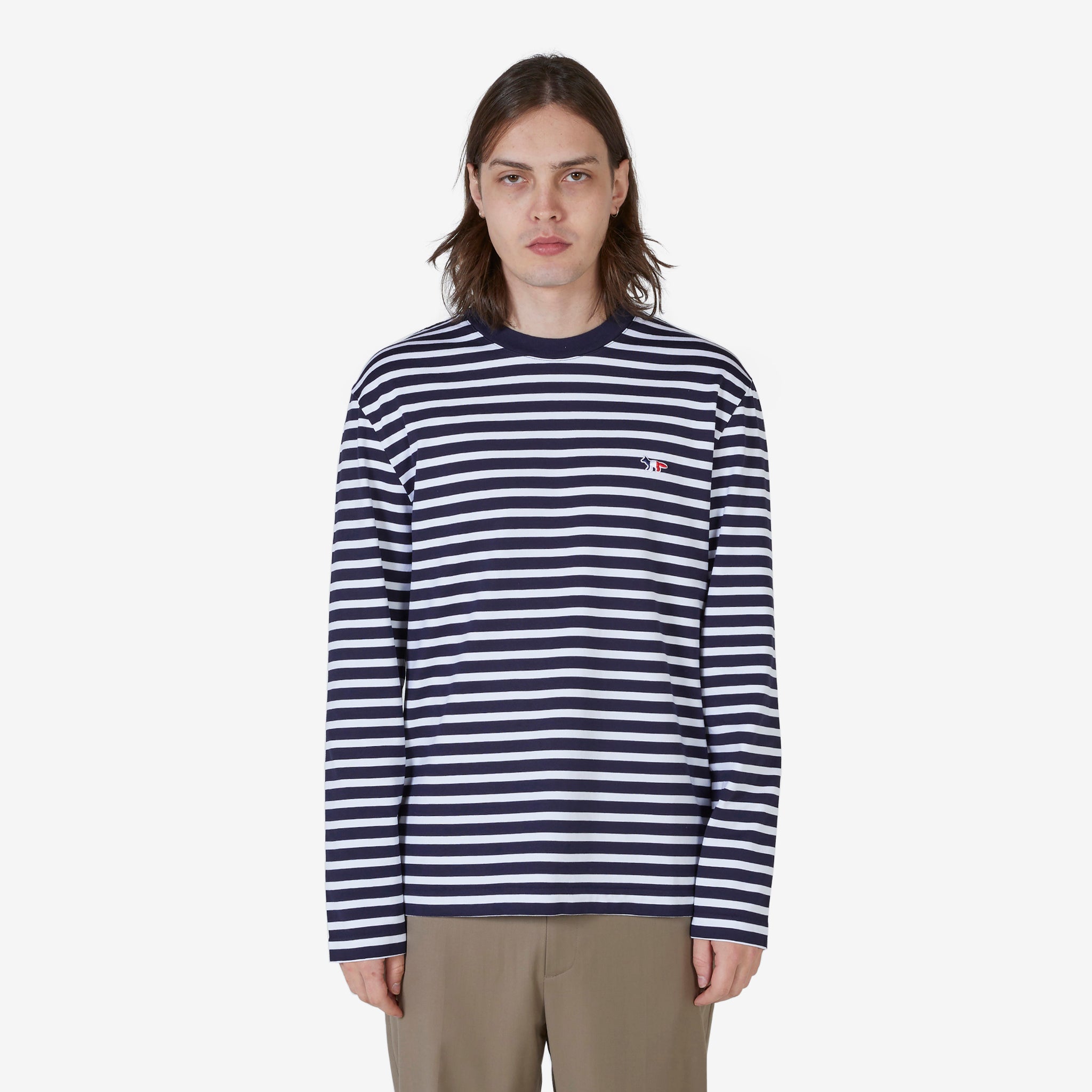 Tricolor Fox Patch T-Shirt with Navy Stripes