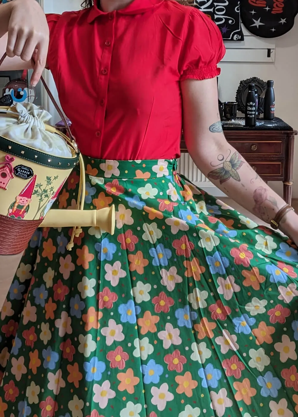 Tulip B 1950s Swing Skirt Green with Painted Flowers