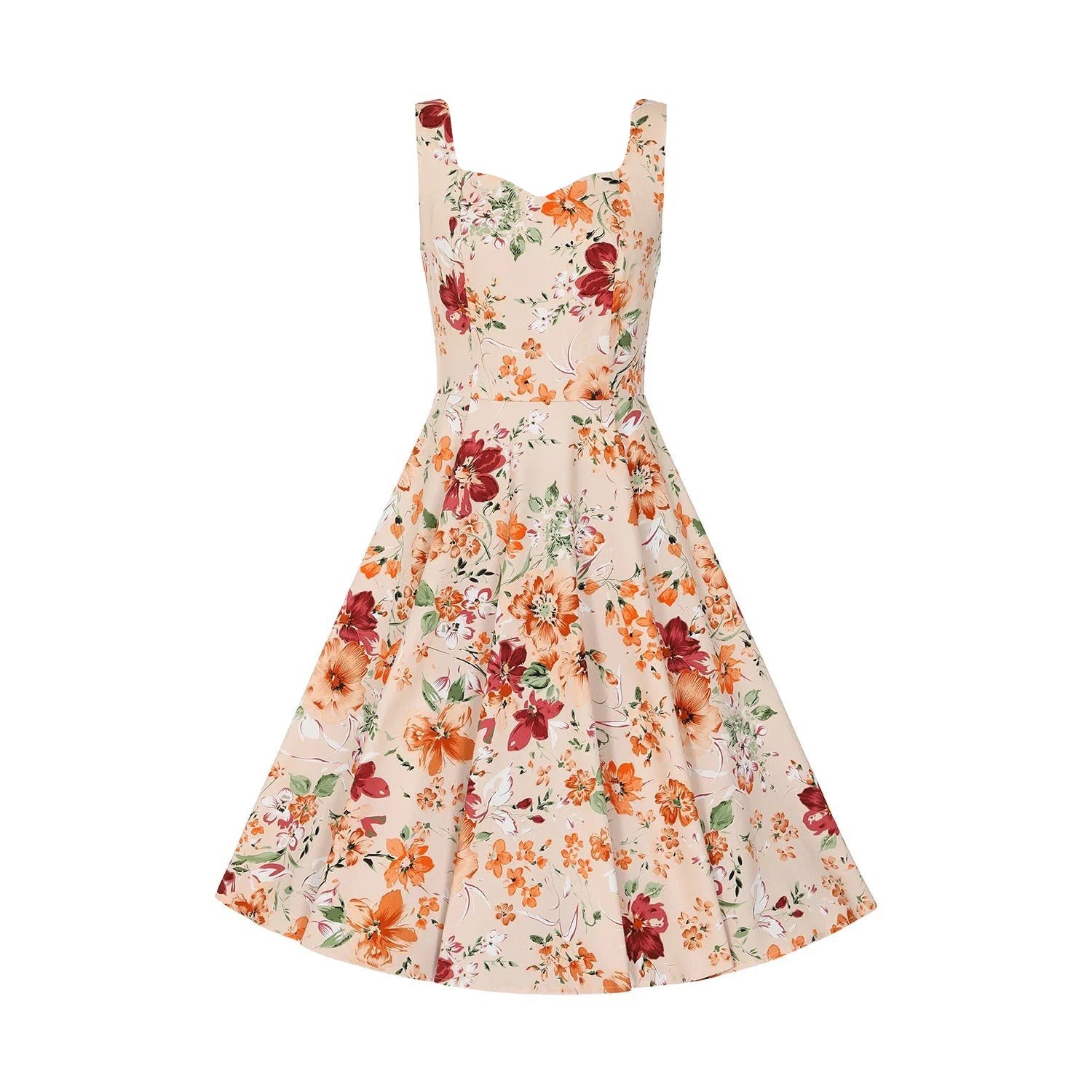 Warm Orange Sleeveless Floral Swing Tea Dress.