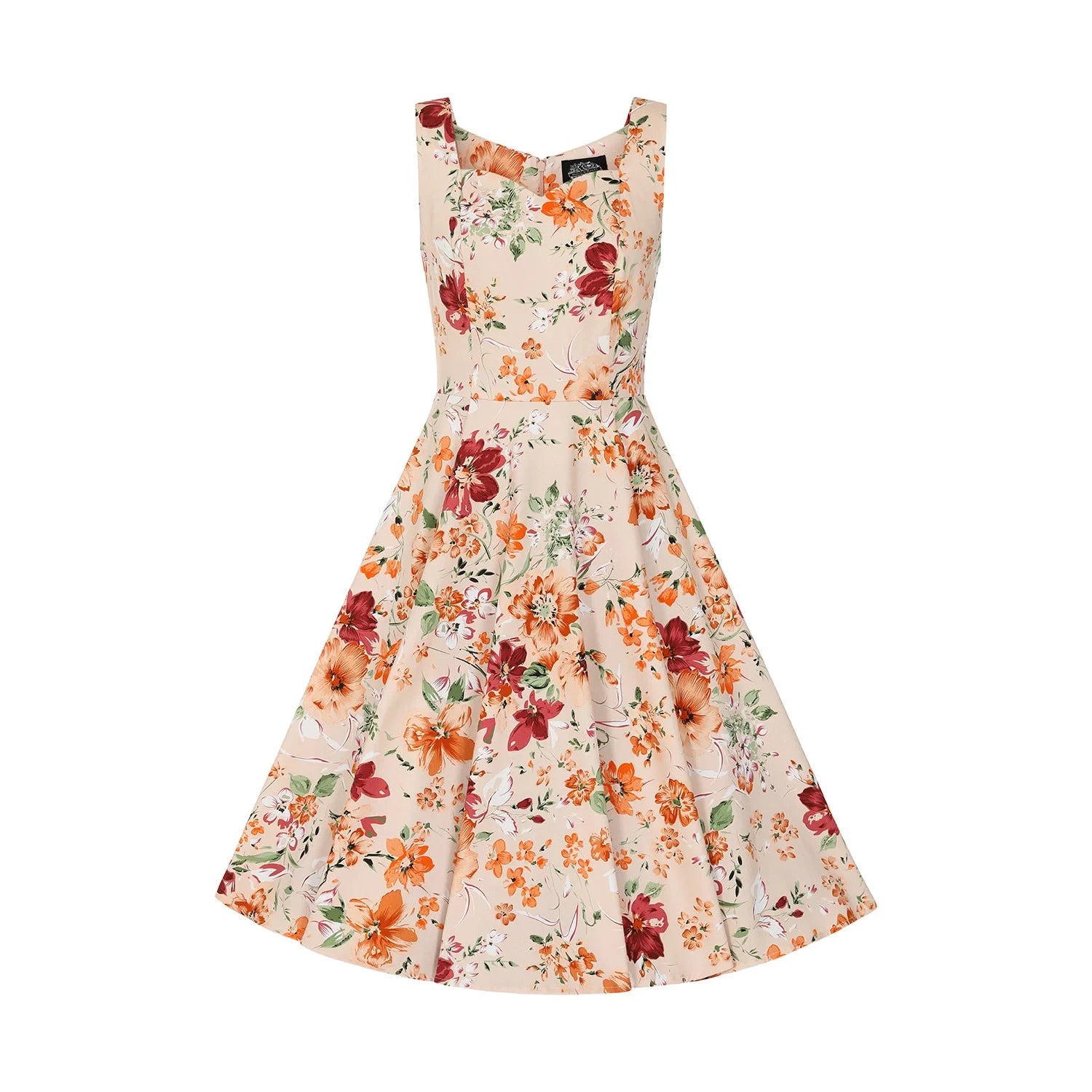 Warm Orange Sleeveless Floral Swing Tea Dress.