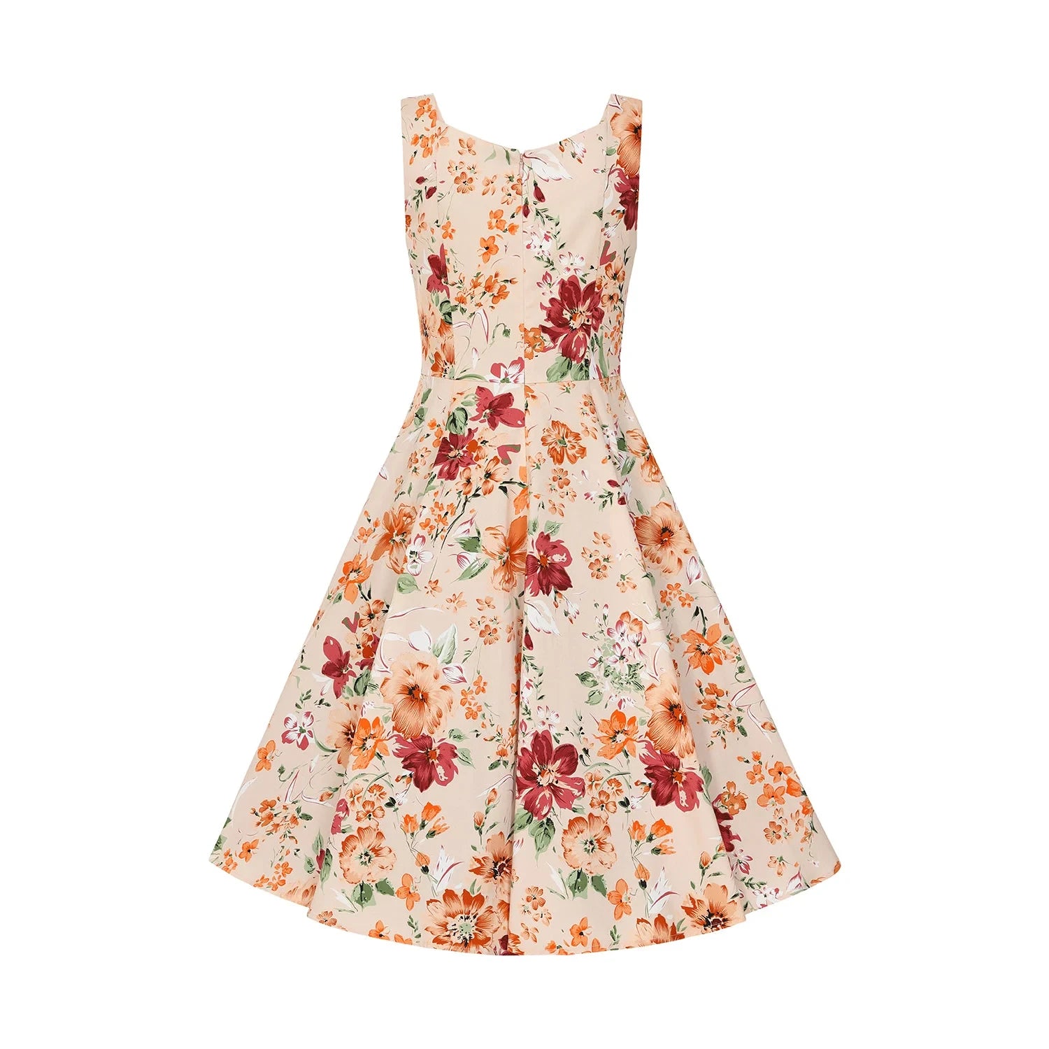 Warm Orange Sleeveless Floral Swing Tea Dress.