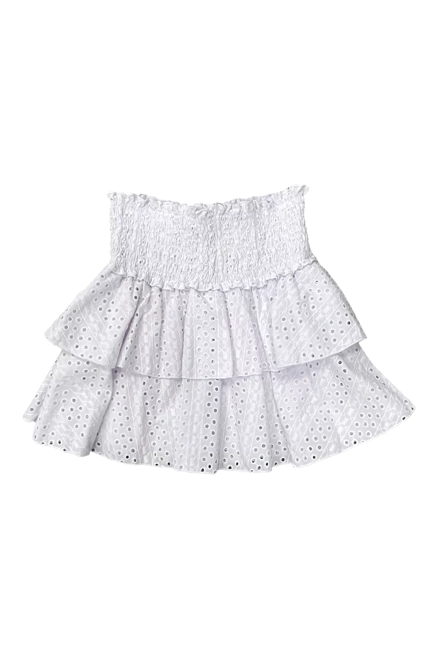 White Eyelet Ruffle Skirt: Flirty Women's Skirt with Eyelet Design and Ruffled Hem. Perfect for Summer Outfits and Casual Wear.