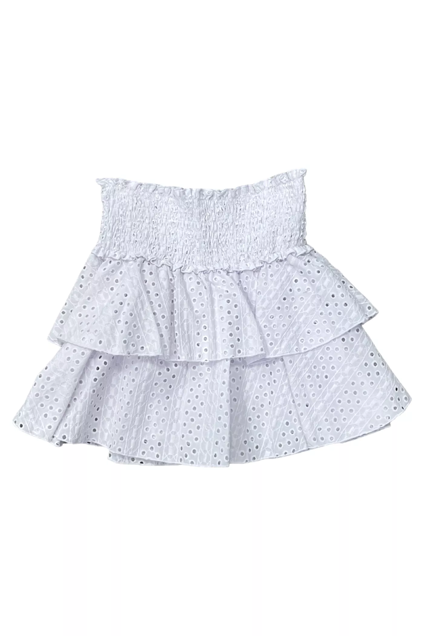 White Eyelet Ruffle Skirt: Flirty Women's Skirt with Eyelet Design and Ruffled Hem. Perfect for Summer Outfits and Casual Wear.