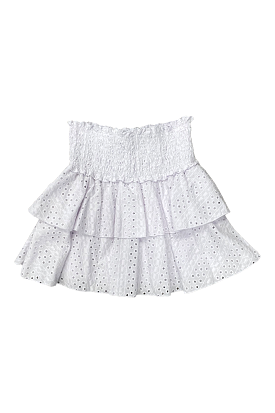 White Eyelet Ruffle Skirt: Flirty Women's Skirt with Eyelet Design and Ruffled Hem. Perfect for Summer Outfits and Casual Wear.