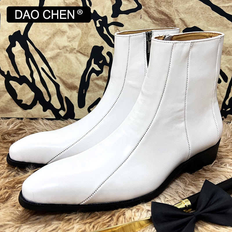 White Genuine Leather Dress Men's Wedding Boots