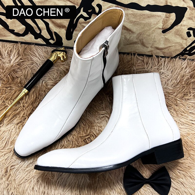 White Genuine Leather Dress Men's Wedding Boots