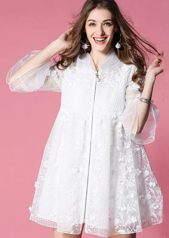 White Hooded Embroidered Tulle Mini Dress with Flare Sleeves | HA1037