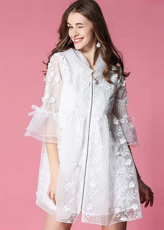 White Hooded Embroidered Tulle Mini Dress with Flare Sleeves | HA1037