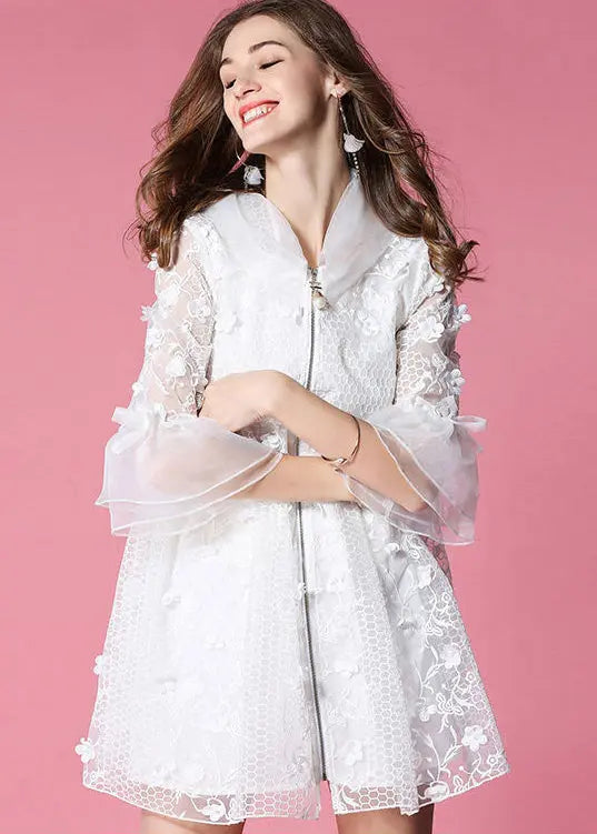 White Hooded Embroidered Tulle Mini Dress with Flare Sleeves | HA1037