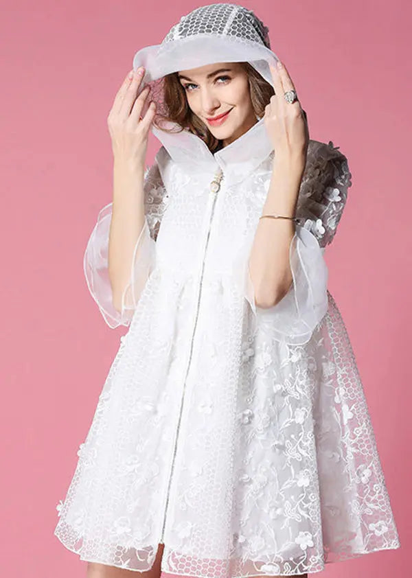 White Hooded Embroidered Tulle Mini Dress with Flare Sleeves | HA1037