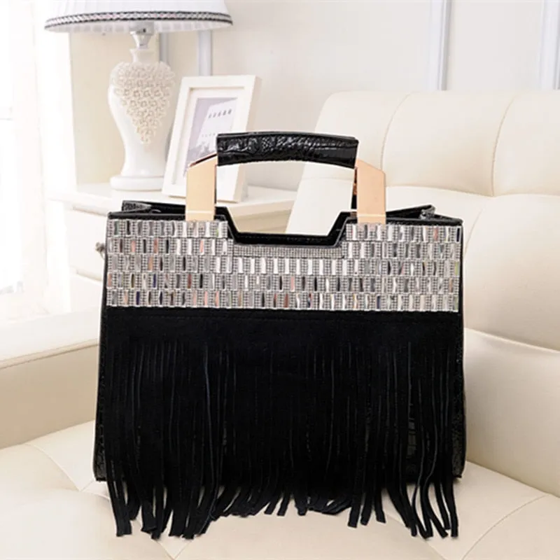 Women's Luxury Cowhide Leather Tassel Rhinestone Portable Tote Handbag