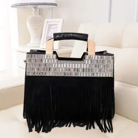 Women's Luxury Cowhide Leather Tassel Rhinestone Portable Tote Handbag