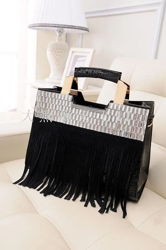 Women's Luxury Cowhide Leather Tassel Rhinestone Portable Tote Handbag