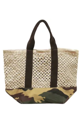 Woven Leather & Camo Canvas Tote