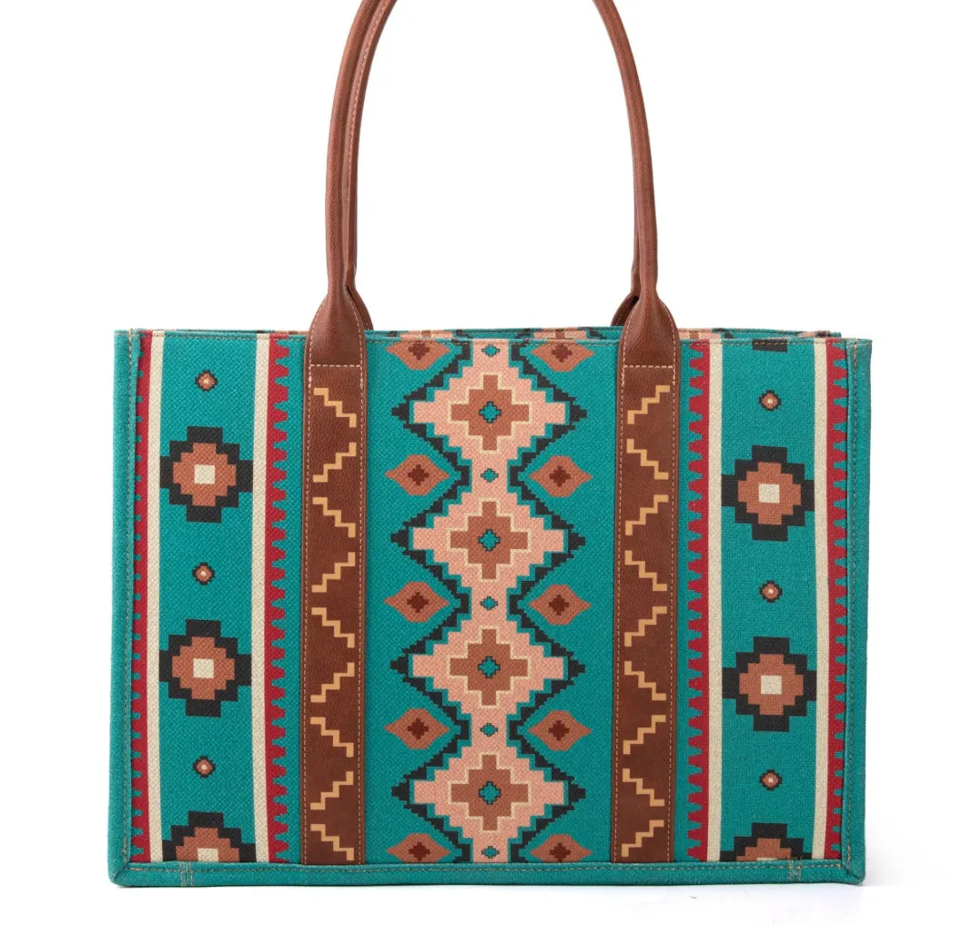 Wrangler Southwestern Pattern Dual Sided Print Canvas Wide Tote Dark Turquoise